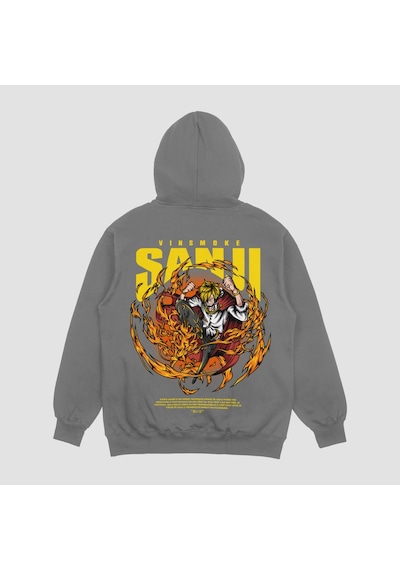 Unisex Gri Sanji Baskılı Hoodie Oversize Kapşonlu Sweatshirt Gri