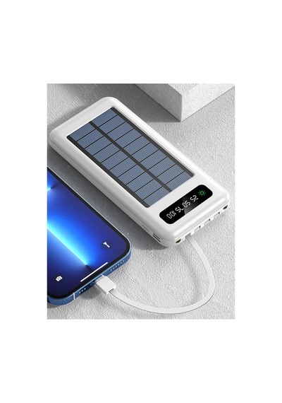 10000 Mah Powerbank Göstergeli Powerbank Solar Powerbank Güneş Enerjili Fenerli 4 Çıkışlı Beyaz
