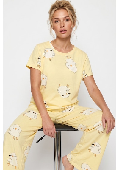 Siyah İnci İnce Soft Örme Mevsimlik Pijama Takımı 8003 Sarı Civciv