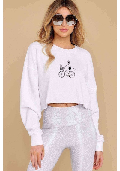 Drawn Bicycle French Bike Baskılı Crop Kadın Beyaz Sweatshirt