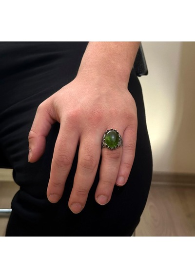 925 Ayar Gümüş Erkek Yüzük - Çeşitli Yapay Taşlarla Mevcut Peridot Yapay Taşı Gümüş