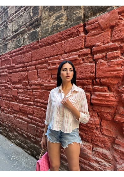 WeShaya Pembe Çizgili Cepli Gömlek Pembe
