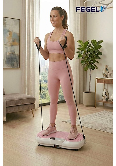 Fegel FG-6500 99 Kademeli Hoparlörlü Direnç Bantlı Uzaktan Kumandalı Titreşimli Fitness Platformu Pembe