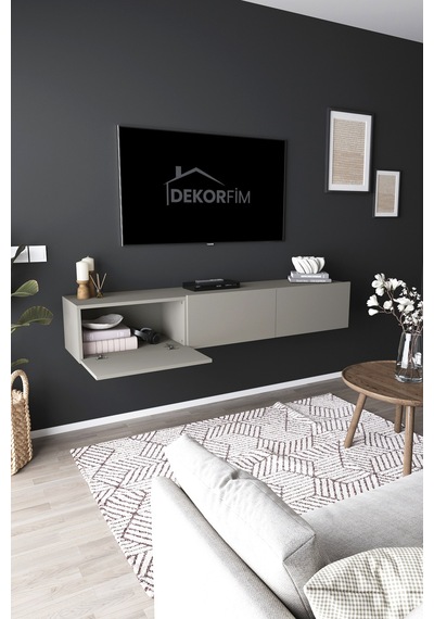 Df17103 3 Dolaplı Duvara Monte Tv Ünitesi 180 Cm Modern Askılı Dekoratif, Şık Stilde Tv Sehpası Gri