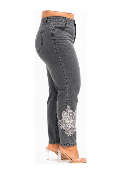 Trieste Büyük Beden Yıkamalı Denim Dantel Aplikeli İnci Taş Detaylı Kadın Pantolon Siyah