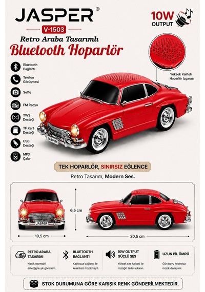Jasper Jpr-1503 Kırmızı 10w Bluetooth Hoparlörlü Retro Araba Tasarım Fm Radyo, Usb, Tf Kart, Aux Ve Mp3 Ç