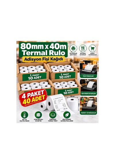 80x40 Adisyon Fişi Adisyon Kağıdı Yazıcı Rulosu Termal Rulo 4 Paket 40 Adet