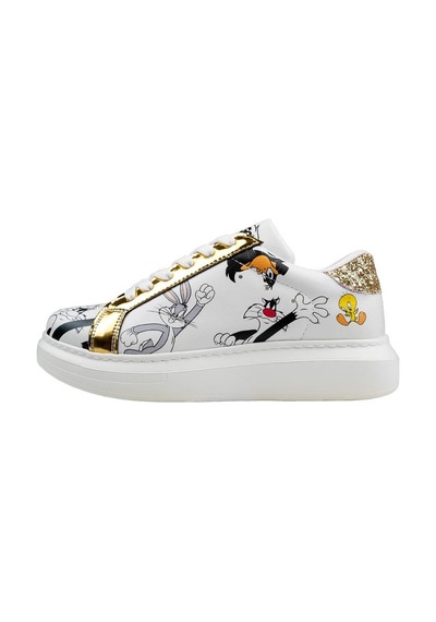 Kadın Vegan Deri Beyaz Sneakers - Warner Bros Bugs Bunny Looney Tunes Chasing Tunes Tasarım Çok Renkli Kadın Vegan Deri Beyaz Sneakers - Warner Bros Bugs Bunny Looney Tunes Chasing Tunes Tasarım Çok Renkli