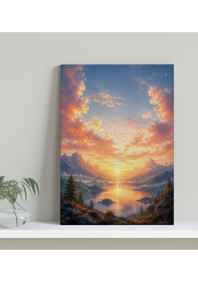 Bk Gift Gün Batımında Dağ Ve Göl Manzarası Turuncu Gökyüzü Doğa Temalı Kanvas Duvar Tablosu 50x70 Cm