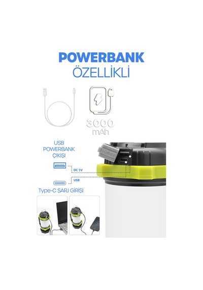 6 Mod Şarjlı Kamp Lambası El Feneri Powerbank Özellikli Su Geçirmez Led Işıldak Yeşil 47703 Gri