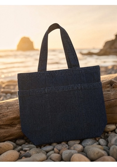 Nealirsanall.com Çok Cepli Denim Omuz Çantası Kot Tote Bag Kumaş Çanta Siyah