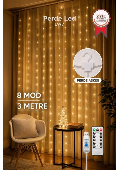 Perde Led Işık 300 Led 10 Sarkıt 8 Modlu Uzaktan Kumandalı 3x3 Metre Peri Telli Lw7 Sarı