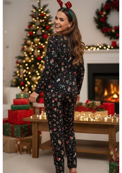 Siyah İnci Yumuşak Dokulu Süet Örme Pijama Takım 7983 Siyah Yılbaşı