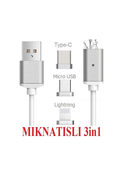 Alfais 4910 Apple Uyumlu iPhone Lightning Samsung Micro Usb Type-C Mıknatıslı Şarj Kablosu