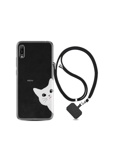Huawei Y6 2019 Kılıf Resimli Desenli Silikon Boyun Askılı Çılgın Kedi 1895