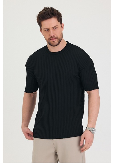 Tarz Cool Erkek Bisiklet Yaka Fitilli Kısa Kollu Ince Triko T-shirt Siyah