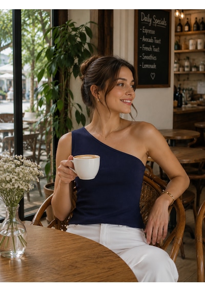 Feyece Lacivert Tek Omuz Detaylı Kaşkorse Bluz Crop