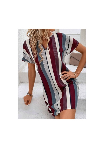 Butik İstanbul Kadın Kısa Kollu V Yakalı Çizgi Baskılı Süprem Elbise Bordo