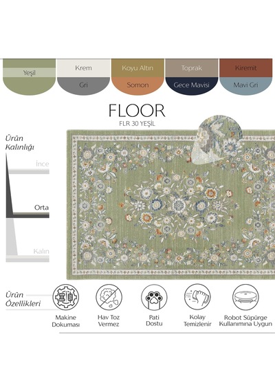 Cool Halı Floor Yeşil Çiçekli Klasik Salon Oturma Odası Yazlık Robot Süpürge Uyumlu Pati Dostu Halı