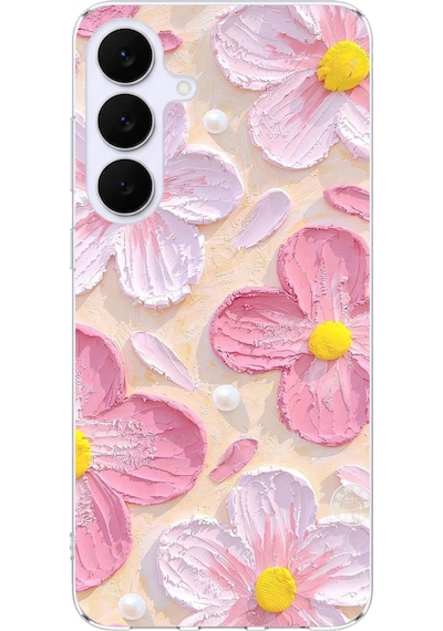 Samsung Galaxy S25 Fe Uyumlu Pembe Beyaz Çiçekler Sulu Boya Baskılı Silikon Kılıf Renkli