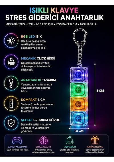 Busstier Işıklı Klavye Gerginlik Giderici Anahtarlık, Mekanik Tuşlu Click Sesli Rgb Led Işıklı Mini Klavye Anaht