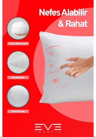 Eve Tekstil Micro Silikon Elyaf Nonwoven Yıkanabilir Antialerjik Yastık 6'lı 50 x 70 CM 700 G Beyaz