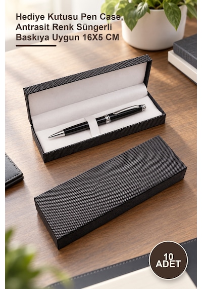 10 Adet Promosyon Kalem Kutusu Hediye Kutusu Pen Case, Antrasit Renk Süngerli Baskıya Uygun 16x5 Cm Diğer
