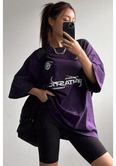 Fantastic Baskılı Unisex Oversize Tshirt Mor