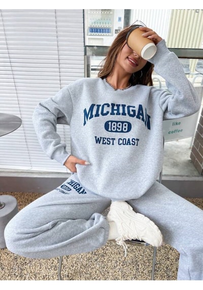 Mıchıgan Baskılı Bisiklet Yaka Gri Sweatshirt Ve Siyah Eşofman Altı Eşofman Takımı Gri