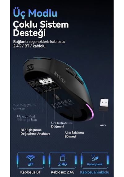 Nj08 Mc Kablosuz 3 Modlu Rgb Oyuncu Mouse 24.000 Dpı Paw 3311 Sensör Diğer