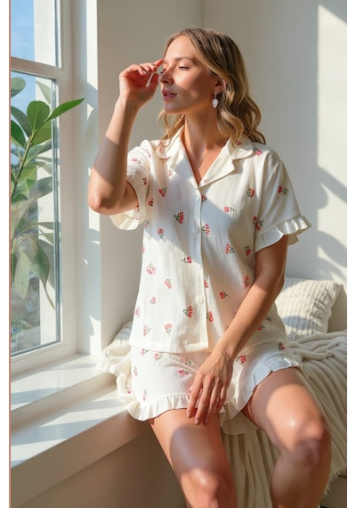 Bella Notte Çiçek Baskılı Fırfırlı Pijama Takımı Ekru