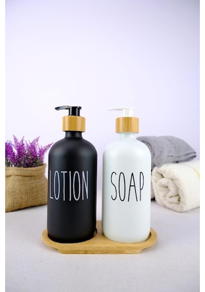 Digithome 2 Li Ahşap Standlı Cam Sıvı Sabun Ve Losyon Şişesi Sabunluk 500 Ml - E/6 C1-1-289
