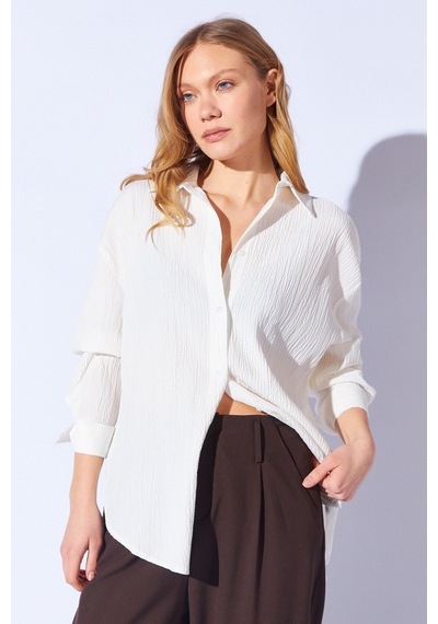 Manche Gofre Oversize Rahat Kesim Kadın Gömlek Beyaz Mks161103-01