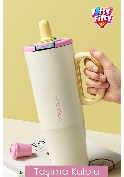Tumbler 1200 Ml Tek Kapak Çift Kullanım Pipetli Rahat İçim Kulplu Paslanmaz Çelik Termosffvgn1114-1200ml Pembe