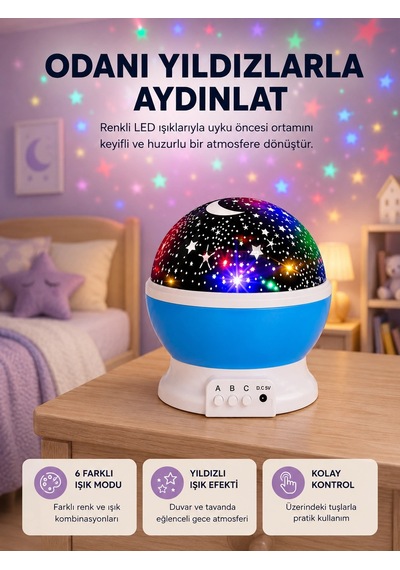 Renkli Led Gece Lambası 6 Işık Modlu Çocuk Odası Atmosfer Aydınlatma Düz Renkli