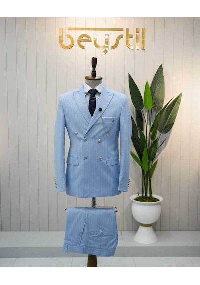 Beystil Sivri Yaka Bebe Mavisi Çizgili Kruvaze Takım Elbise - Slim Fit Mavi