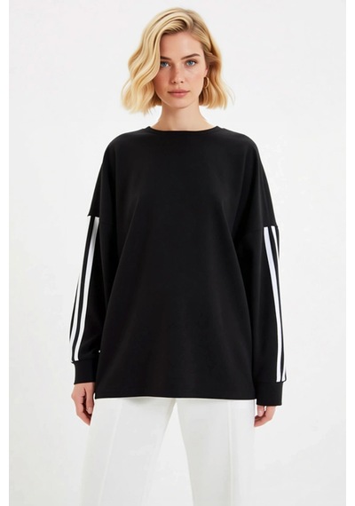 Benerly Kadın Bisiklet Yaka Düşük Kol Uzun Kollu Geniş Kalıp Sweatshirt F siyah