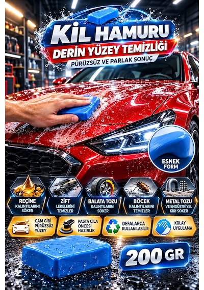 200 Gr Oto Kil Hamuru Mavi Kaporta Temizleme Kili Araç Boya Yüzeyi Zift Reçine Pasta Cila Öncesi Bkm