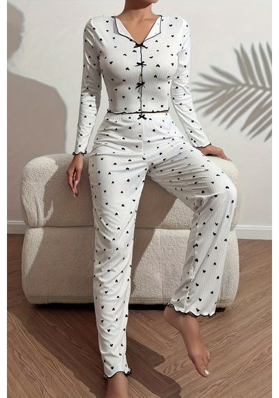Merry See Kalp Baskılı Uzun Kollu Pijama Takımı Beyaz