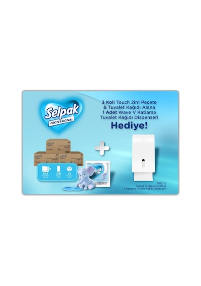 Selpak Professional Touch 2in1 Peçete & Tuvalet Kağıdı 200'lü X 3 Koli + Wave V Katlama Dispenseri Hediyeli