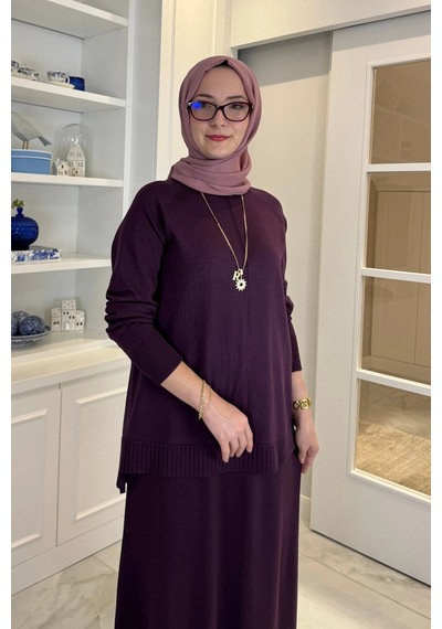 Rabia Şamlı Ceren Etekli Triko Takım Mürdüm Normal