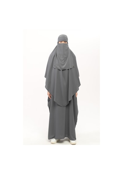 Altobeh Sultanbaş Nikaplı Çarşaf Hakim Yaka Kolu Lastikli Peçeli Ferace Medine İpek Füme L-XL Füme