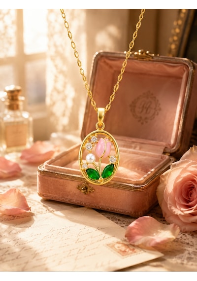 Altın Kaplama Zirkon Taşlı Pembe Lale Ve İnci Detaylı Madalyon Kolye Açık Pembe