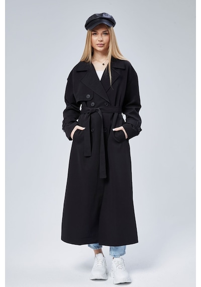 Oversize Rüzgarlık Detaylı Trençkot Siyah
