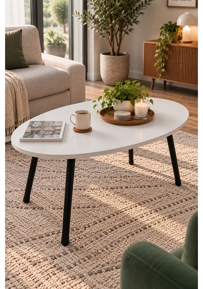 Sulorahome Metal Ayaklı Oval Beyaz Orta Sehpa