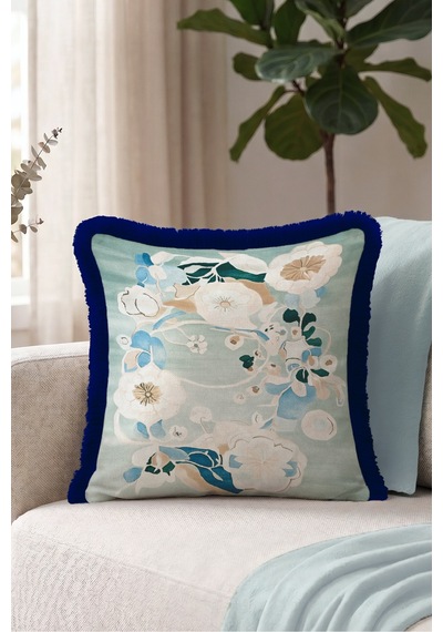 Çiçek Botanikal Saçaklı Yastık Kılıfı - Sanatsal Floral Mint Mavi Lacivert Püsküllü Kırlent Kılıfı Puslu Sahil Opal Çiçek Botanikal Saçaklı Yastık Kılıfı - Sanatsal Floral Mint Mavi Lacivert Püsküllü Kırlent Kılıfı Puslu Sahil Opal