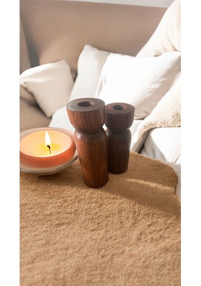 2'li Ahşap Şamdan Set Mumluk Decorative / Ceviz Renk / Gürgen Ağacı Kahverengi