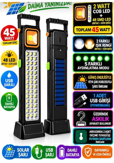 Solar Işıldak Fener Güneş Enerjili Ve Usb Şarjlı Kamp Telefon Güç Kaynağı 48 Ledli 45w 0