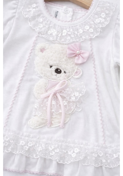 Kardeşler Bebe Dantelli Ayıcıklı Kız Bebek Elbise Takım Saç Bantlı 3 Lü Set Beyaz-pembe