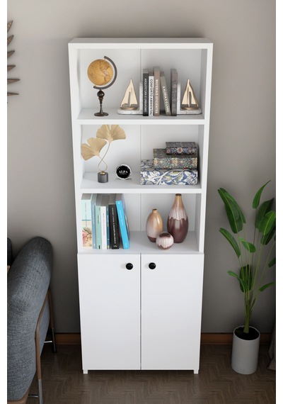 Kapaklı Çok Amaçlı Salon Dolabı 150x50x22 Cm Raflı Kitaplık Dekoratif Depolama Ünitesi Beyaz